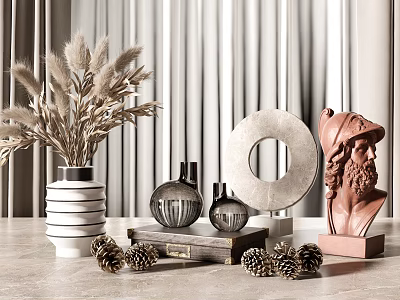 Tabletop Decorative Ornament Set With Pampas Grass Vase Sculpture And Pine Cones 3d model