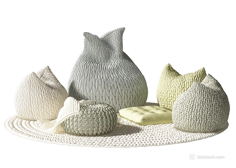 Cozy Woven Bean Bag Chairs In Gray White And Yellow Tones On Rug 3d model 