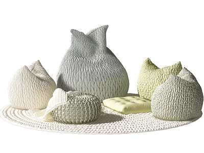 Cozy Woven Bean Bag Chairs In Gray White And Yellow Tones On Rug 3d model