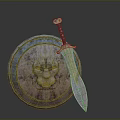 Vintage Round Metal Shield With Lion Head Relief And Decorative Sword