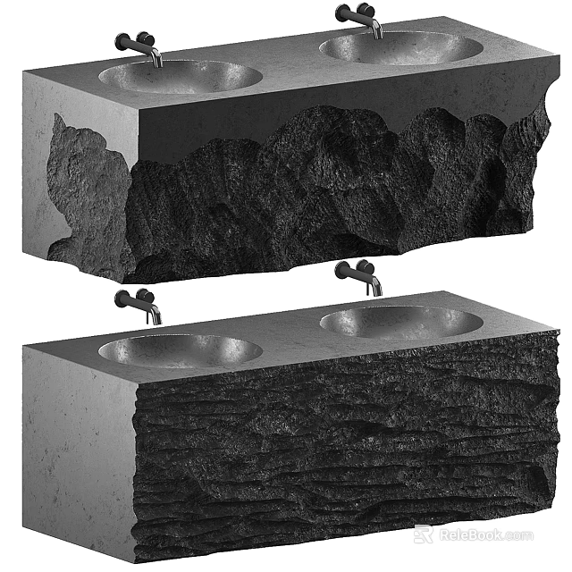 Natural Stone Texture Double Basin Washbasin With Modern Design And Faucets 3d model 