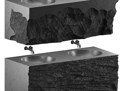 Natural Stone Texture Double Basin Washbasin With Modern Design And Faucets 3d model