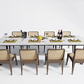 Rectangular Dining Table Set With Rattan Back Chairs Dinnerware Wine Glasses And Bottles 3d model