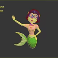 Cartoon Mermaid Character With Blue Hair Glasses Pink Heart Top Green Tail Waving Hand