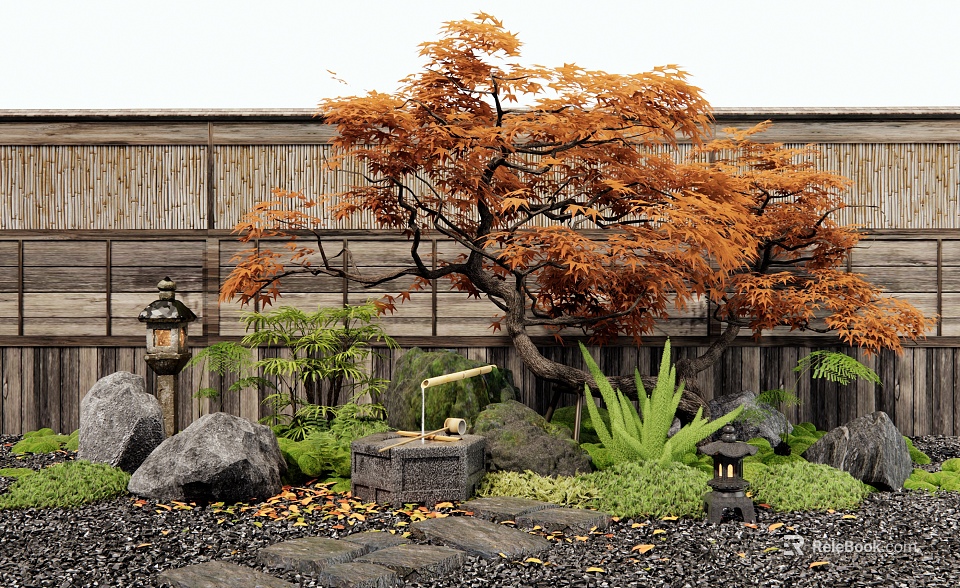Japanese Style Courtyard Garden With Orange Maple Tree Wooden Fence Stone Lantern And Water Feature 3d model 