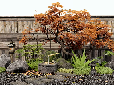 Japanese Style Courtyard Garden With Orange Maple Tree Wooden Fence Stone Lantern And Water Feature 3d model