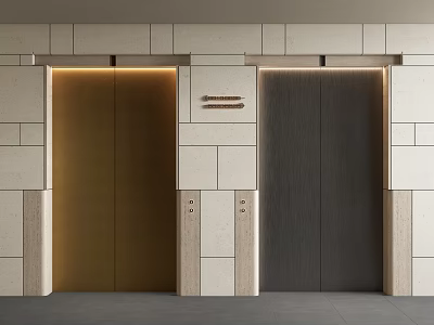 Modern Elevators With Gold And Dark Doors In Light Colored Stone Wall Design 3d model