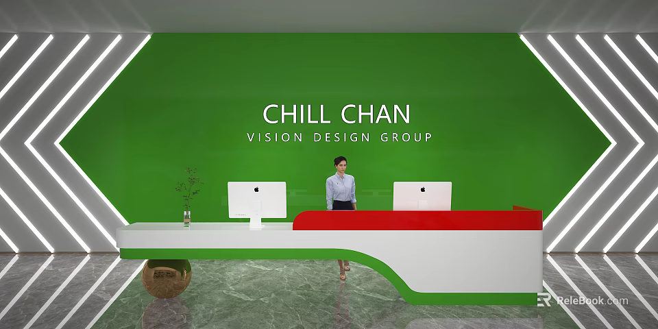 Green Reception Background Wall For Design Group With Modern Desk Computers And Receptionist 3d model