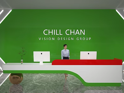 Green Reception Background Wall For Design Group With Modern Desk Computers And Receptionist 3d model
