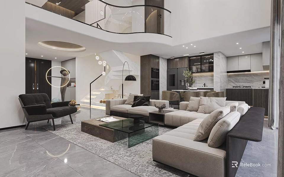 Modern Duplex Living Room Interior Design With Staircase Sofa Coffee Table And Open Layout 3d model 