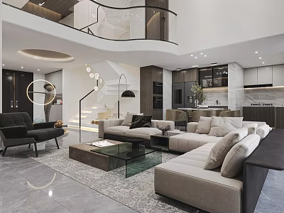 Modern Duplex Living Room Interior Design With Staircase Sofa Coffee Table And Open Layout 3d model