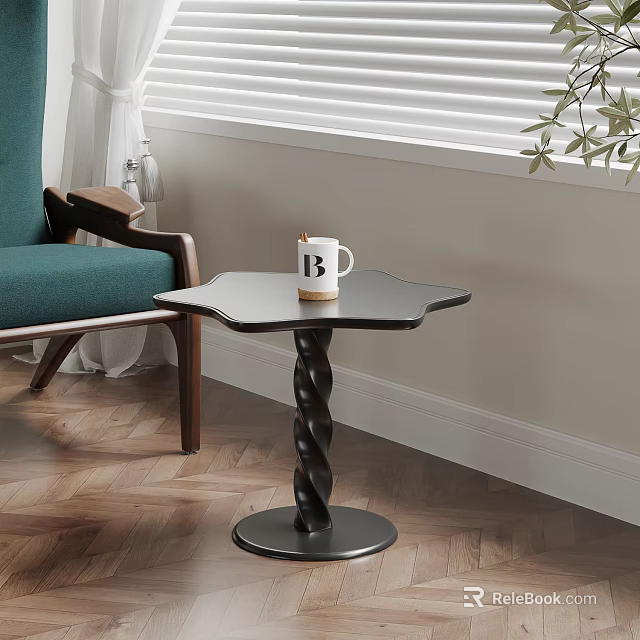 Black Side Table With Twisted Base In Living Room By Green Armchair And Window Blinds 3d model 