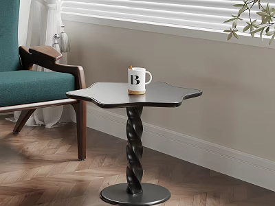 Black Side Table With Twisted Base In Living Room By Green Armchair And Window Blinds 3d model