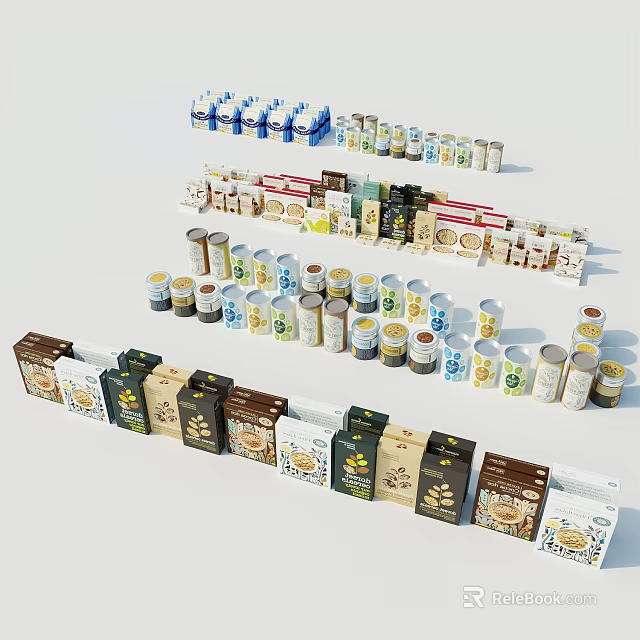 Variety of Packaged Food Items with Different Packaging Types Like Boxes Cans and Bottles 3d model 