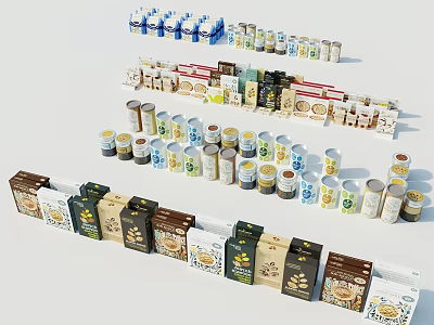 Variety of Packaged Food Items with Different Packaging Types Like Boxes Cans and Bottles 3d model