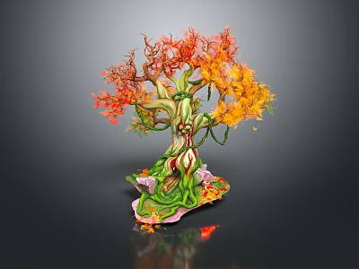 Cartoon Style Fantasy Tree With Red Orange Leaves And Green Vines On Pink Base 3d model