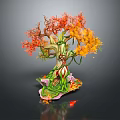 Cartoon Style Fantasy Tree With Red Orange Leaves And Green Vines On Pink Base