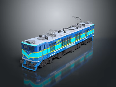 Detailed Blue White Electric Train Model With Yellow Stripes Number 8075 On Dark Reflective Surface 3d model