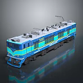 Detailed Blue White Electric Train Model With Yellow Stripes Number 8075 On Dark Reflective Surface