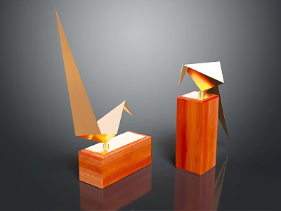 Decorative Ornament Set with Golden Origami Birds on Square and Cylindrical Wooden Bases 3d model