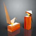 Decorative Ornament Set with Golden Origami Birds on Square and Cylindrical Wooden Bases