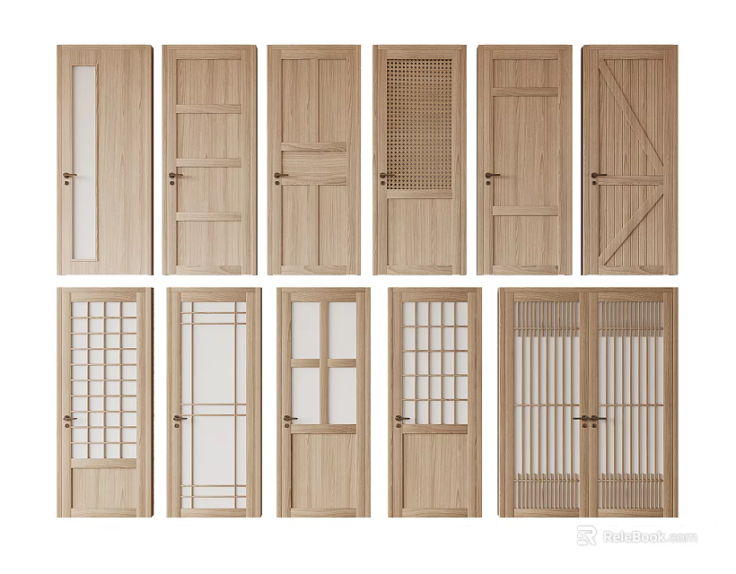 Stylish Swing Doors with Various Glass Panels and Wooden Designs for Home Interior Decor 3d model 