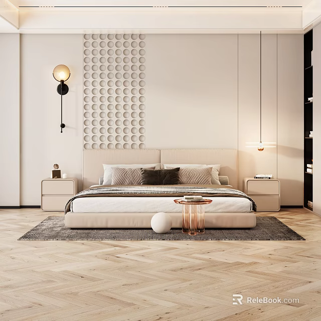 Modern Bedroom With Beige Bed And Bedside Tables Circular Patterned Wall Herringbone Floor And Lighting 3d model 