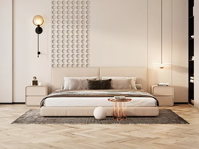 Modern Bedroom With Beige Bed And Bedside Tables Circular Patterned Wall Herringbone Floor And Lighting 3d model