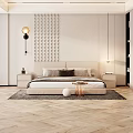 Modern Bedroom With Beige Bed And Bedside Tables Circular Patterned Wall Herringbone Floor And Lighting 3d model