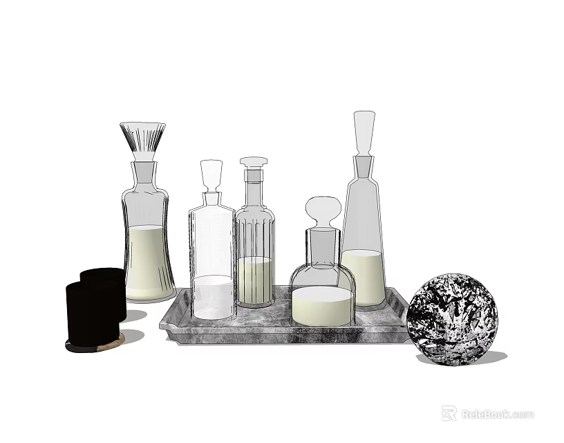 Hand Drawn Wine Bottles and Glasses in Various Shapes with Liquid on Decorative Tray 3d model 