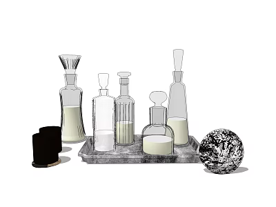 Hand Drawn Wine Bottles and Glasses in Various Shapes with Liquid on Decorative Tray 3d model