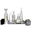 Hand Drawn Wine Bottles and Glasses in Various Shapes with Liquid on Decorative Tray