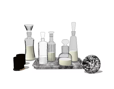Hand Drawn Wine Bottles and Glasses in Various Shapes with Liquid on Decorative Tray 3d model