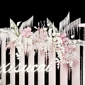 Bride In White Wedding Dress On Decorative Stage With Pink White Flowers And Crystal Chandeliers