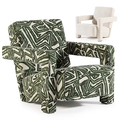 Modern Green And White Geometric Pattern Accent Chair With Cream Colored Upholstery Design 3d model