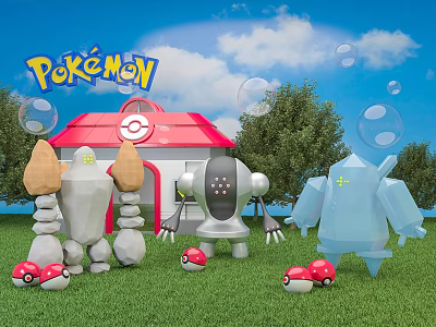 Cartoon Pokémon Scene With Red Roof House Characters Poké Balls On Green Grass With Bubbles 3d model