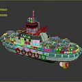 Leisure Water Vessel With Blue Umbrellas Seating Areas Lifebuoys And Control Cabin