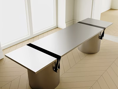 Modern Home Office Desk With Smooth Stainless Steel Surface And Cylindrical Black Base Design 3d model