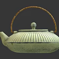 Light Green Striped Teapot With Brown Rattan Handle And Minimalist Natural Design