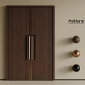 Modern Brown Wooden Security Door With Metal Handles And Three Colored Decorative Knobs 3d model