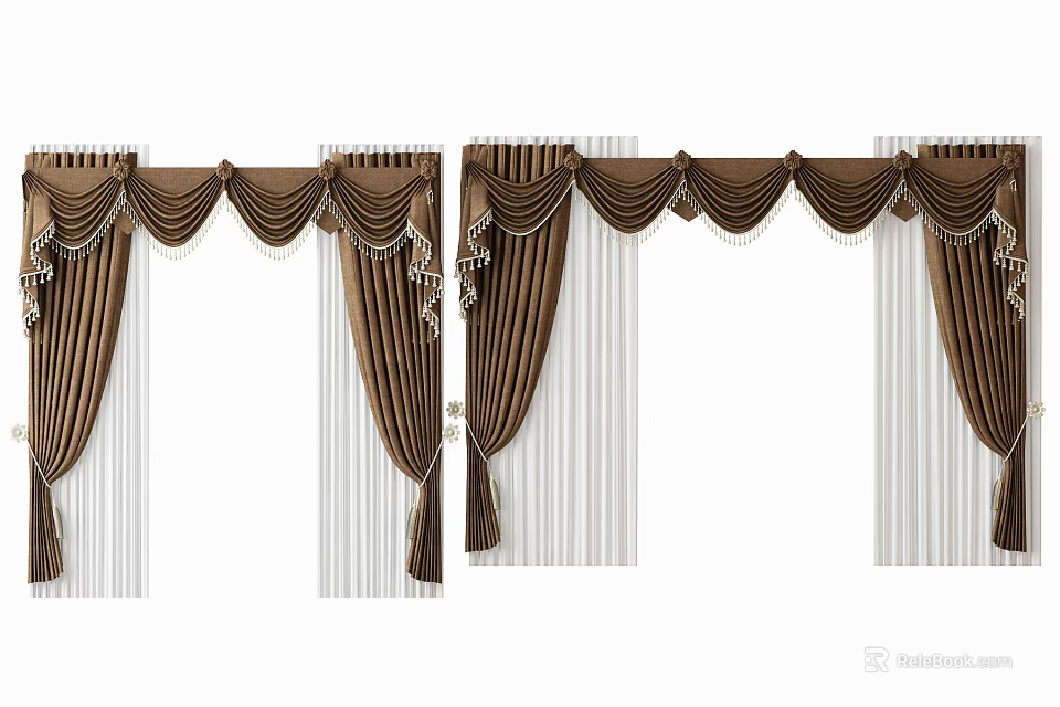 Elegant Brown Pleated Curtains With Tassel Trim And Sheer Layers For Living Room Decor 3d model 