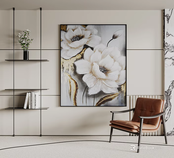 Botanical Painting With White Flowers Gold Accents In Interior Featuring Brown Chair And Wall Shelves 3d model 