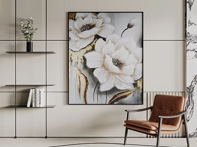 Botanical Painting With White Flowers Gold Accents In Interior Featuring Brown Chair And Wall Shelves 3d model