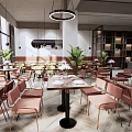 Modern Restaurant Interior With Pink Chairs Green Plants And Pendant Lights