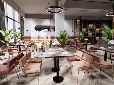Modern Restaurant Interior With Pink Chairs Green Plants And Pendant Lights 3d model