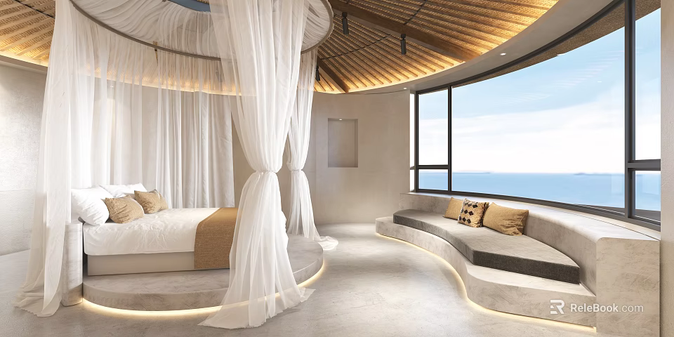 Hotel Room With Round Bed White Curtains Curved Sofa Pillows And Ocean View Wooden Ceiling 3d model 