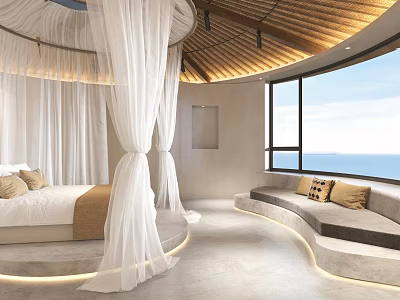 Hotel Room With Round Bed White Curtains Curved Sofa Pillows And Ocean View Wooden Ceiling 3d model