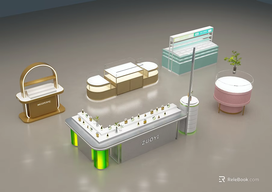 Modern Cosmetics Store Interior Design With Display Counters Product Shelves And Green Plant 3d model 