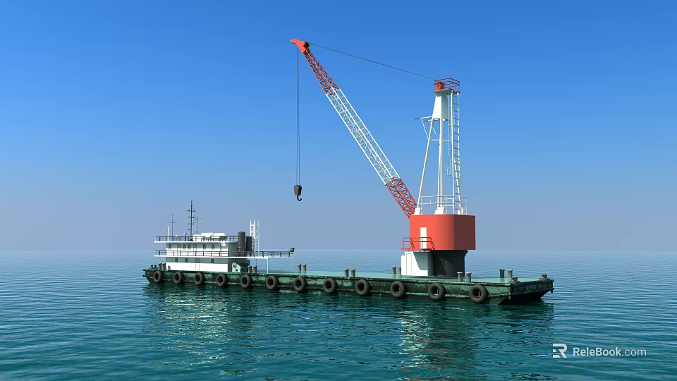 Wooden Boat With Red Crane Arm Floating On Calm Sea Under Blue Sky 3d model 