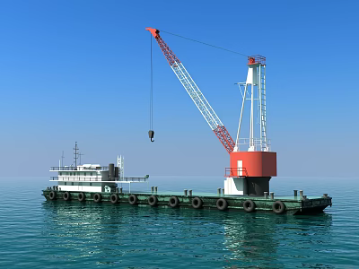 Wooden Boat With Red Crane Arm Floating On Calm Sea Under Blue Sky 3d model